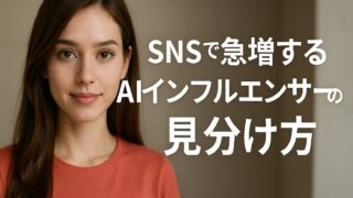 SNSで急増するAIインフルエンサーの見分け方を伝える女性のポートレート画像。中央に大きくタイトルテキストが配置されている