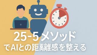 「25-5メソッド」でAIとの距離感を整えることをテーマにしたアイキャッチ画像。中央にタイトル文字、左にPCで作業する人とAIロボット、右にタイマーが描かれている。