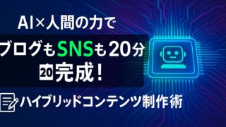 AI ハイブリッドコンテンツ制作を象徴する未来的なビジュアルと「ブログもSNSも20分完成！」の文字が中央に配置されたネオングラデーションのアイキャッチ画像