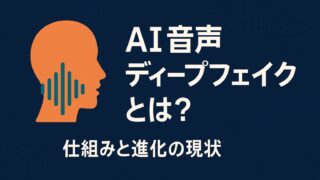 AI音声ディープフェイク詐欺の危険性を警告する画像。音声波形とダーク背景でリアルな詐欺の脅威を表現しています。