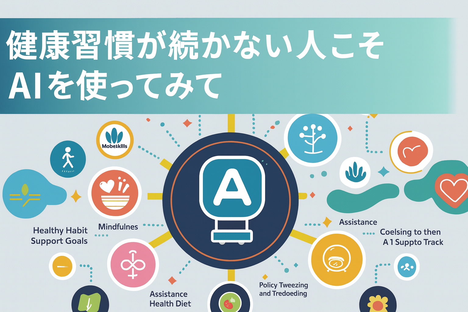 AIを活用して健康習慣を続ける方法を示すインフォグラフィック。運動・食事管理・マインドフルネスなどのアイコンが中央のAIロゴから広がっている。