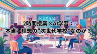 AI学校で2時間授業を受ける生徒たちが、AI学習を通じて集中して学ぶ未来の教育風景を表す画像。