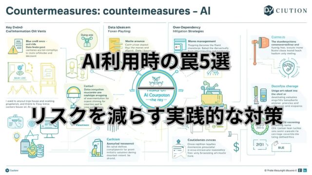 AI利用リスク対策を解説するイメージ画像。AIの誤情報・データ流出・依存リスクとその対処法をまとめた図。
