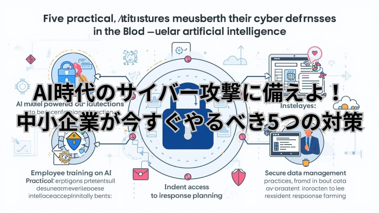 AI時代のサイバー防御に取り組む中小企業のための5つの実践的な対策をイメージしたイラスト
