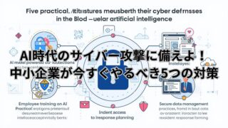 AI時代のサイバー防御に取り組む中小企業のための5つの実践的な対策をイメージしたイラスト