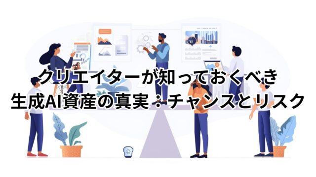 生成AI資産を活用するクリエイターが利点とリスクを学び、収益化とブランド化を両立させる様子を表現したイメージ画像