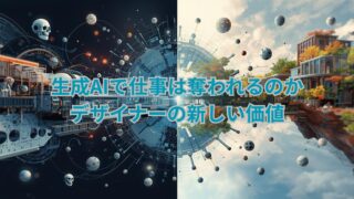 生成AIがデザイナーの未来をどう変えるのかを描いたビジュアル。AIと人の共創をイメージしたデザイン。