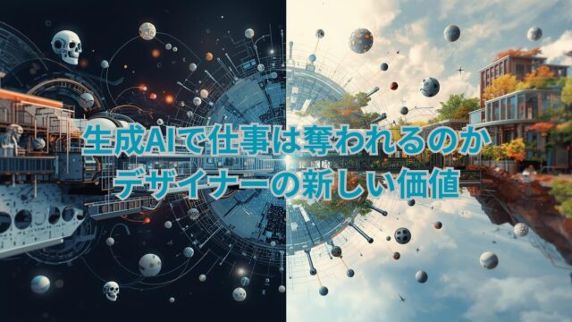 生成AIがデザイナーの未来をどう変えるのかを描いたビジュアル。AIと人の共創をイメージしたデザイン。