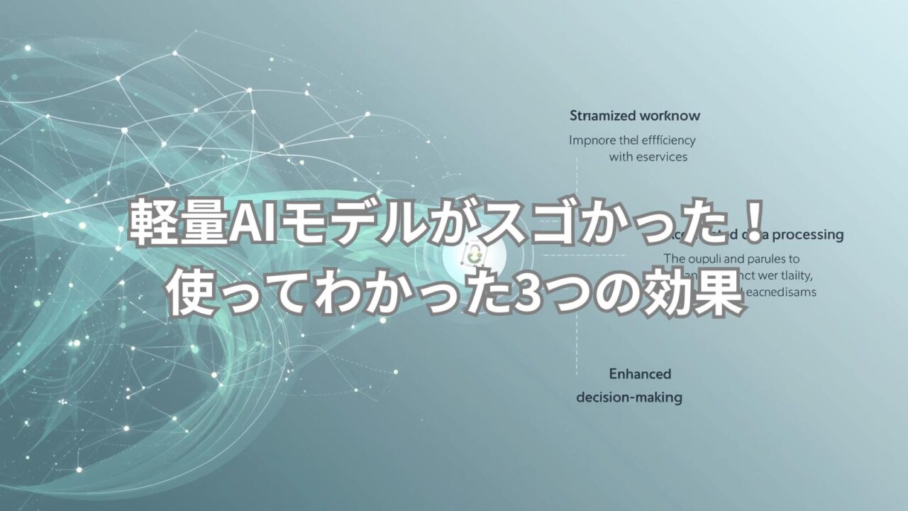 軽量AIモデルを実際に使った感想と、作業効率が上がる3つの理由を紹介しているイメージ画像です。