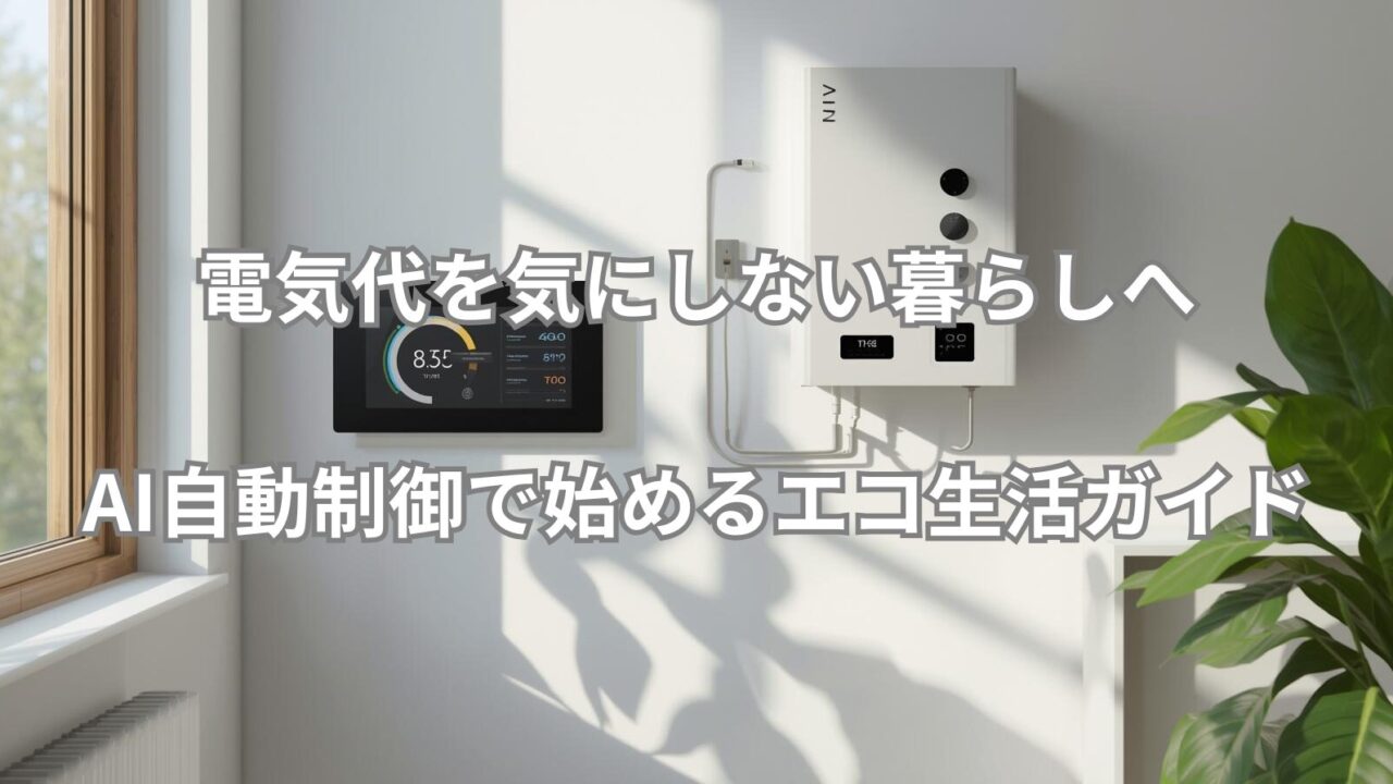 AI自動制御によって家庭の電気代を削減し、太陽光や蓄電池を組み合わせてエコAI生活を実現するイメージ。