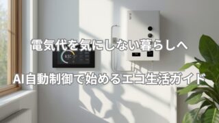AI自動制御によって家庭の電気代を削減し、太陽光や蓄電池を組み合わせてエコAI生活を実現するイメージ。