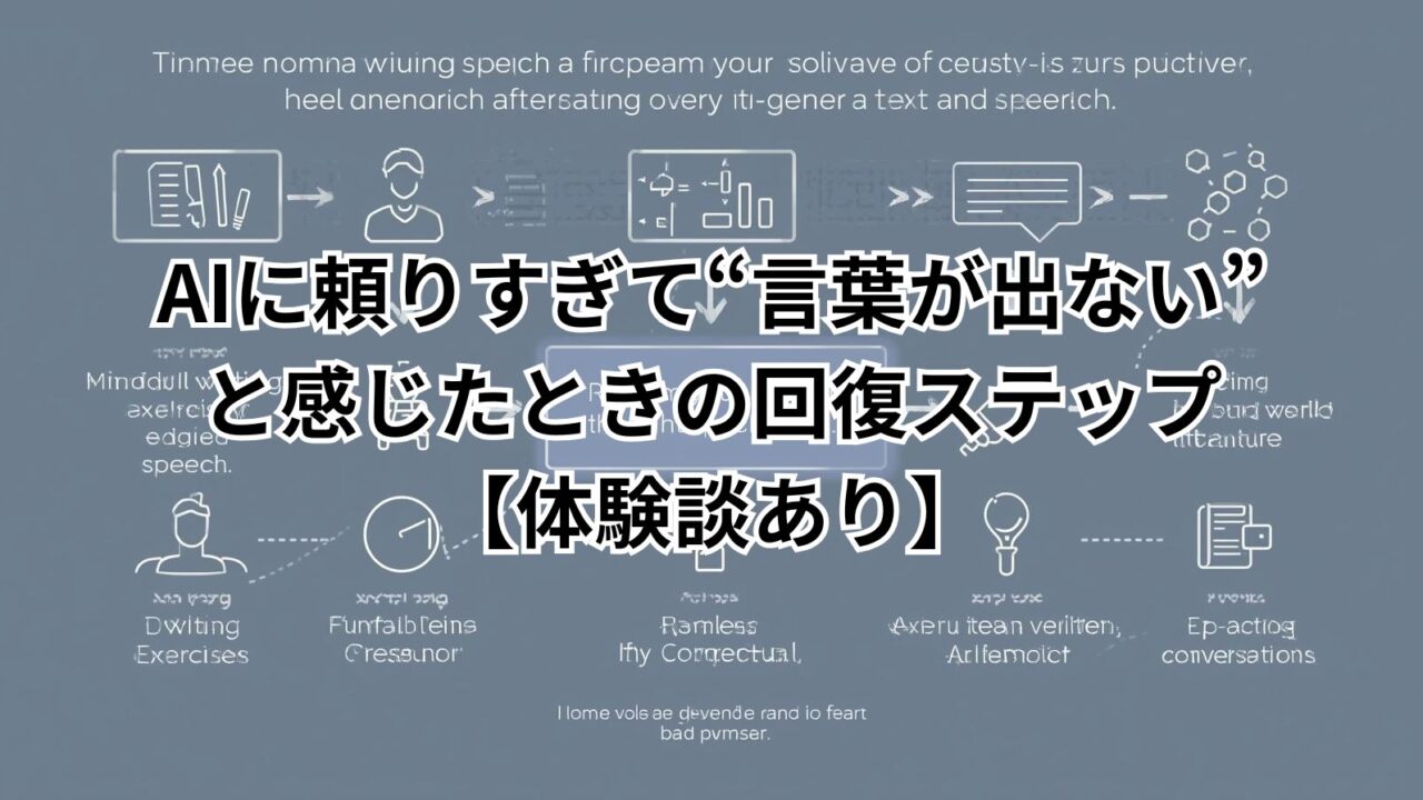 AIに頼りすぎて言葉が出ない時に、自分の言葉を取り戻すための回復ステップを解説する図です。