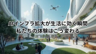 AIインフラ拡大によって変わる生活を表す未来都市のイメージ。AIが支える快適な日常を象徴する画像。