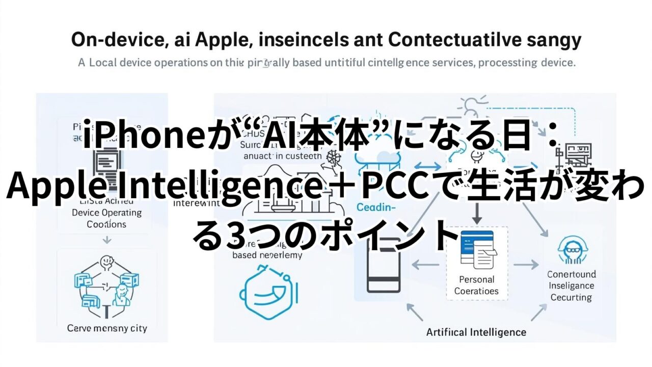 オンデバイスAIとApple Intelligenceの仕組みを解説する図。PCCとの連携で進化するAI体験を表現