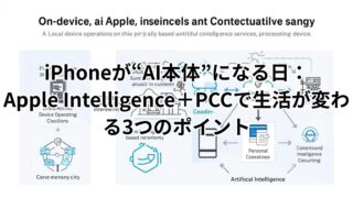 オンデバイスAIとApple Intelligenceの仕組みを解説する図。PCCとの連携で進化するAI体験を表現