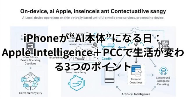 オンデバイスAIとApple Intelligenceの仕組みを解説する図。PCCとの連携で進化するAI体験を表現