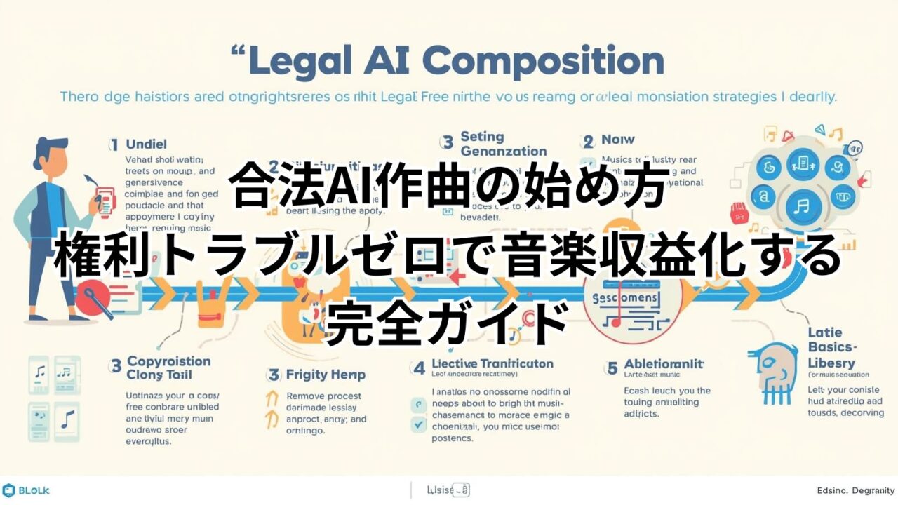 「合法AI作曲」ツールを使って著作権フリーの音源を作り、安全に収益化する方法を解説した図