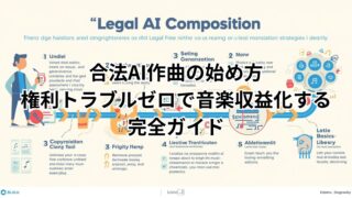 「合法AI作曲」ツールを使って著作権フリーの音源を作り、安全に収益化する方法を解説した図