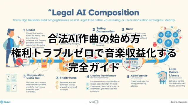 「合法AI作曲」ツールを使って著作権フリーの音源を作り、安全に収益化する方法を解説した図
