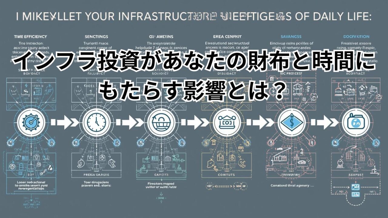 インフラ投資が生活に与える影響を説明する図。時間・お金・安心がどのように変化するかをわかりやすく示している。