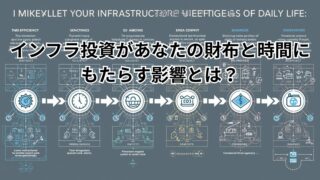 インフラ投資が生活に与える影響を説明する図。時間・お金・安心がどのように変化するかをわかりやすく示している。
