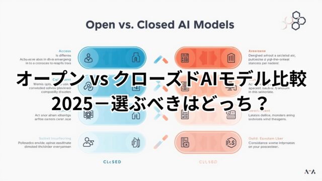 AIモデル比較2025：オープンAIとクローズドAIの違いを図解したビジュアル。最新トレンドをわかりやすく説明。