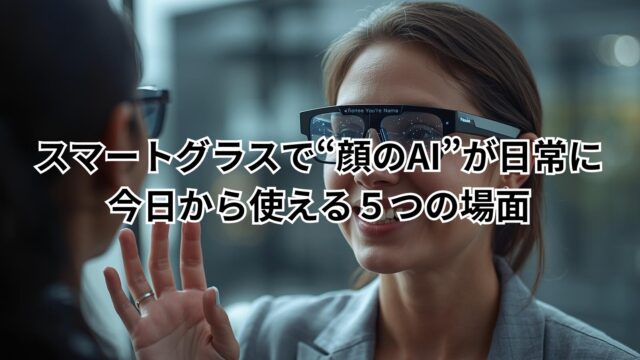 顔のAI スマートグラスをかけた人物が、名前を瞬時に確認して挨拶する様子を描いたイメージ画像。