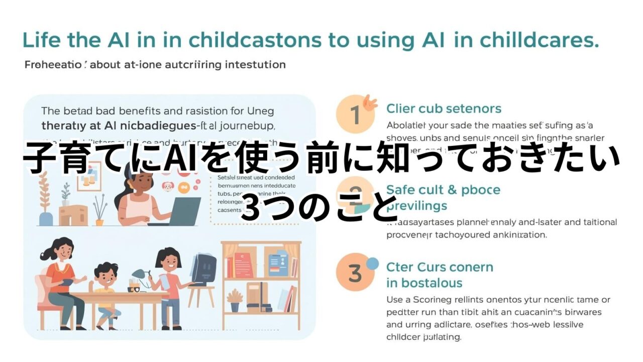 育児AI注意点をやさしく解説。AI育児のメリットとリスク、家庭で安心して使う3ステップを紹介するイメージ