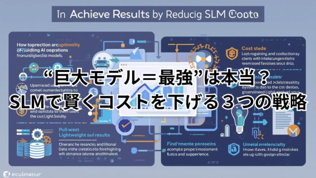 「SLMコスト削減で成果を出す方法」をわかりやすく解説するイメージ画像。AI運用の最適化や軽量モデルの利点を表現。