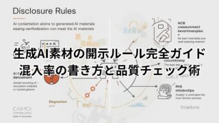 生成AI素材の開示ルールを説明する図。AIの混入率や品質チェック方法をわかりやすくまとめたイメージ。