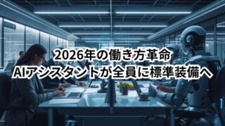 2026 働き方 AI アシスタントが標準装備になり、仕事の段取りが自動化される未来をイメージした画像