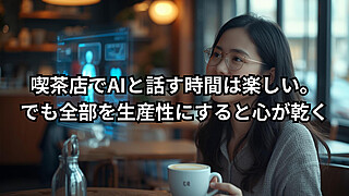 喫茶店でAIと話しながら生産性から離れてゆっくり過ごす人のイメージ