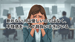 断れない人の心理を表すイメージ。職場で帰れずに悩む人のイラスト